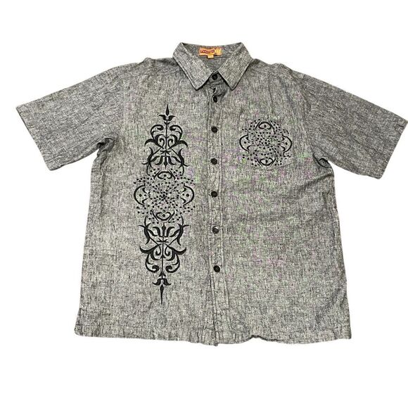 Vintage Royal Prestige Short Sleeved Button Down Embroidered Shirt Gray Black XL - Picture 1 of 12